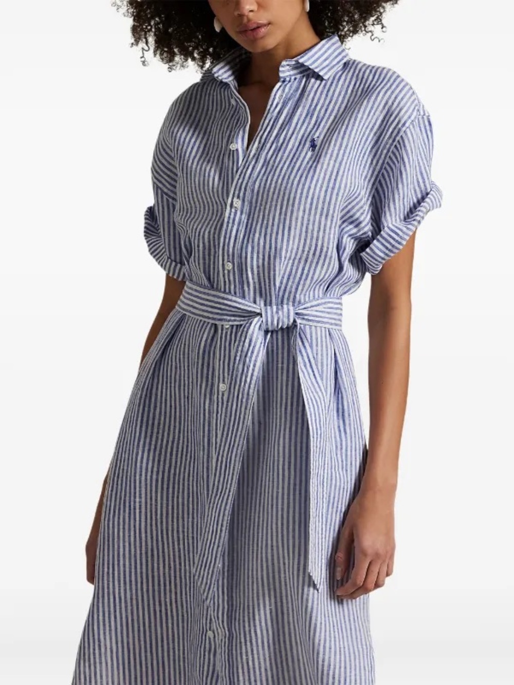 Ralph Lauren Blue and White Striped Cotton Midi Shirt Dress with Waist Tie size